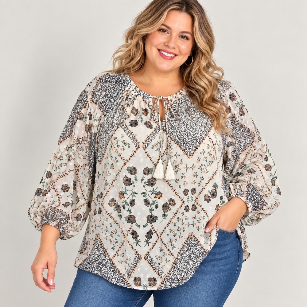 Sweet Magnolia Peasant Top Women XXL White Floral Patchwork Boho Tassel Cottage